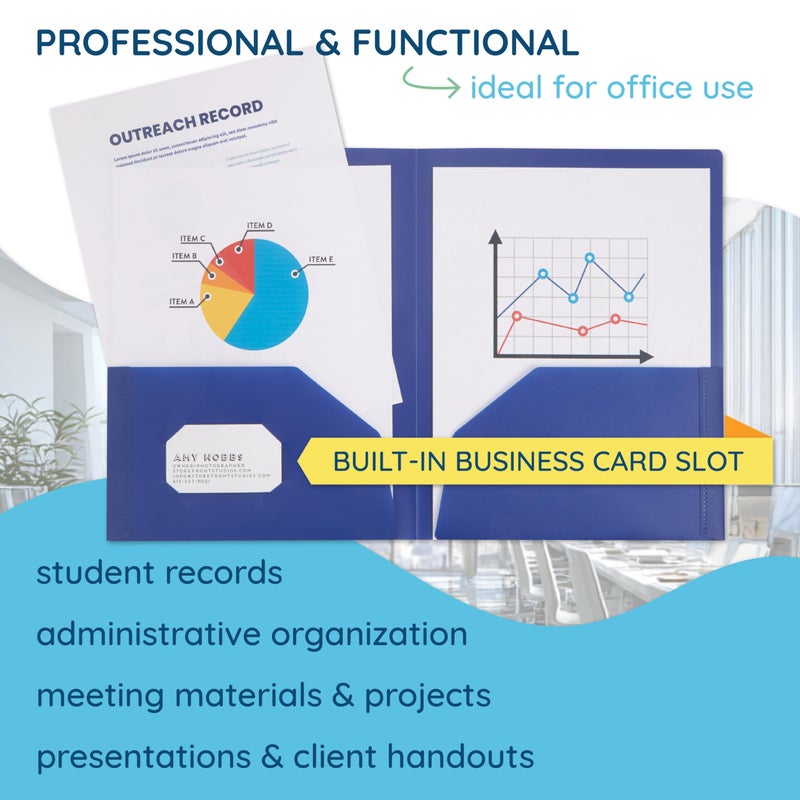 Blue Summit Supplies 6 Pack Multicolor Two Pocket Plastic Folders with Pockets, Heavy Duty Colored 2 Pocket Plastic Folders for School, and Business Card Slot, Home, and Work - Image 4